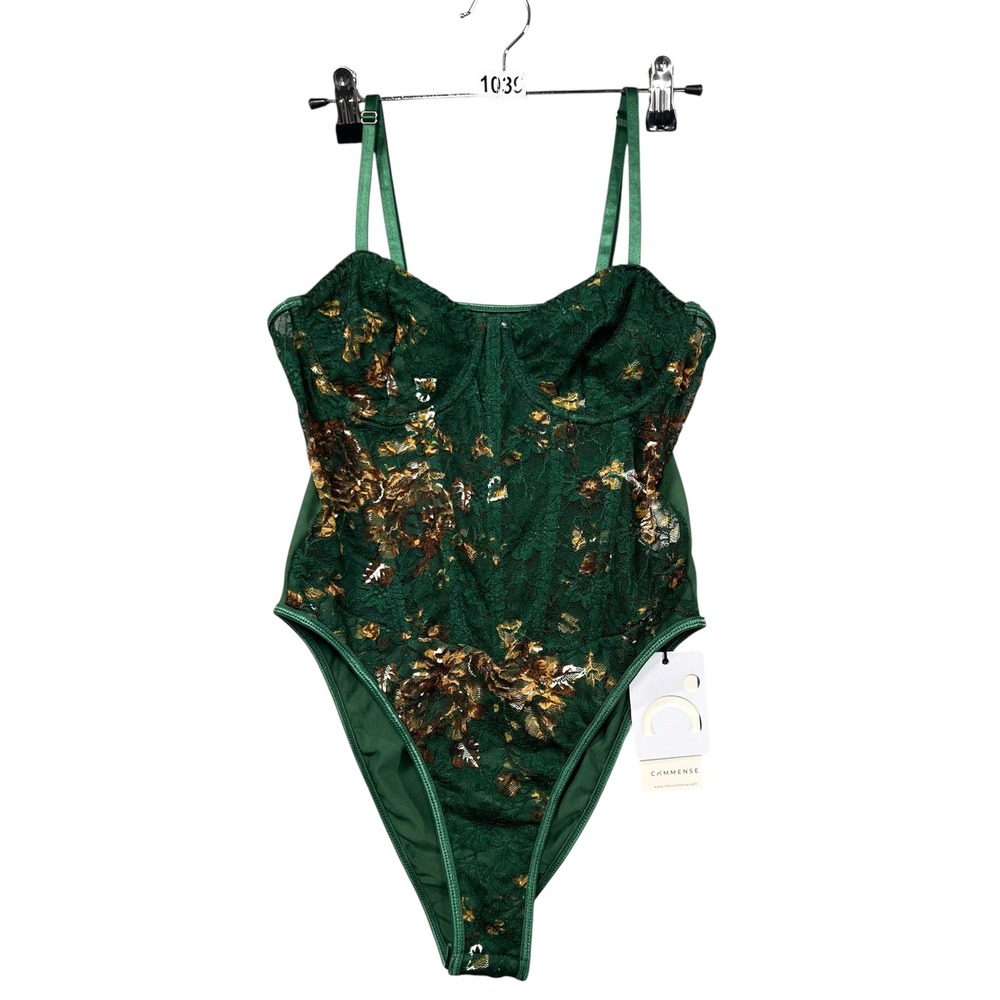 NWT Commense Bodysuit Women Size M‎ Green Floral Embroidery Corset Bustier New